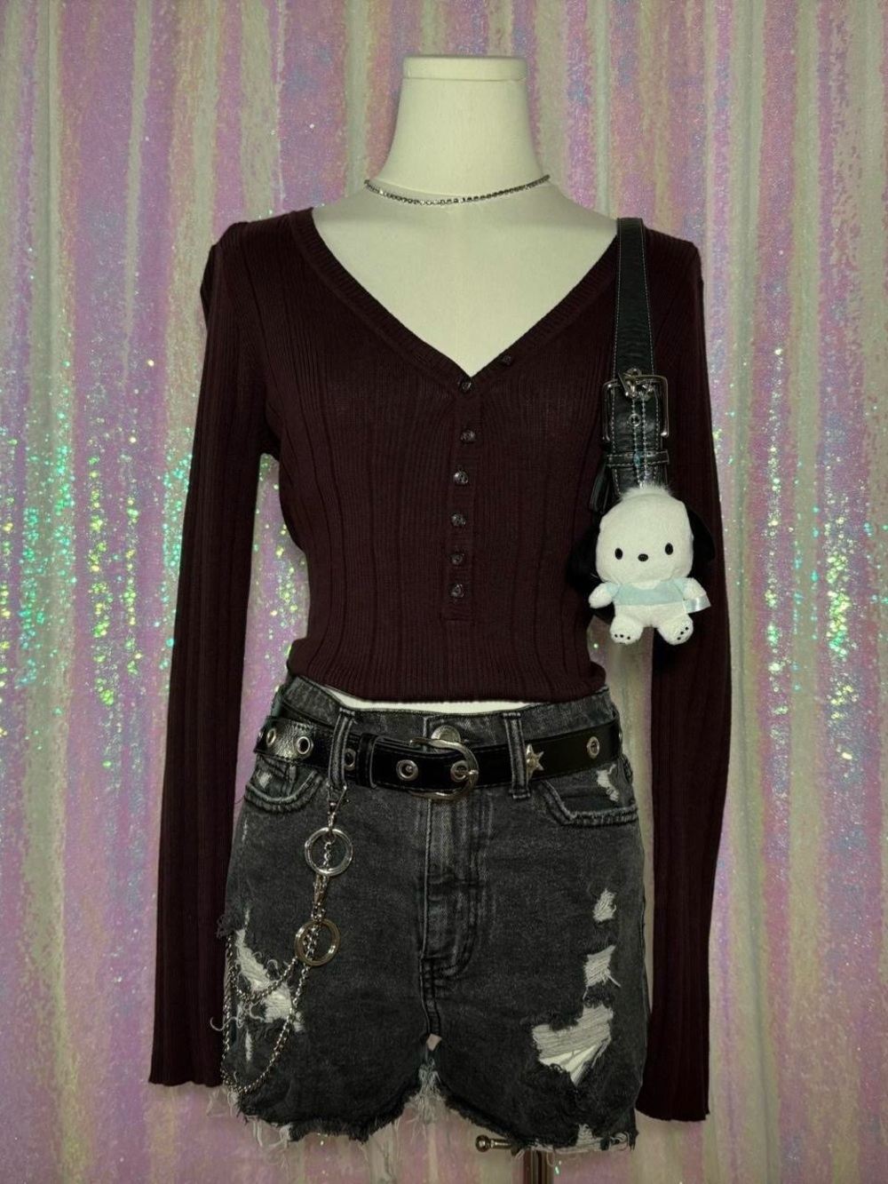Stamp10 Brown Fitted Ribbed Long Sleeve V-Neck Henley Top ★彡